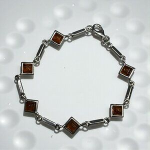 Amber & 925 Sterling Silver Bracelet 7" Fine Jewelry Women's Link Design
